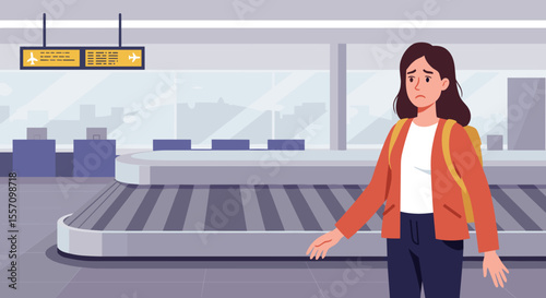 Young woman waiting anxiously at empty baggage claim area  