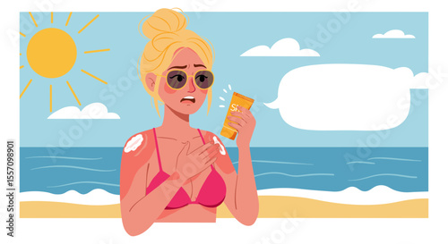 Young woman applying sunscreen with sunburn at beach in summer  
