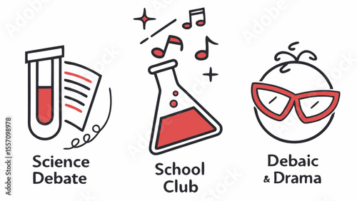 Illustration depicting science debate with test tube, school club with flask and drama with glasses icon