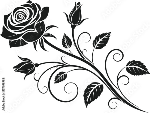 Black-petaled flower, drawing of a rose, personal vehicle decals, leaf, and branch
