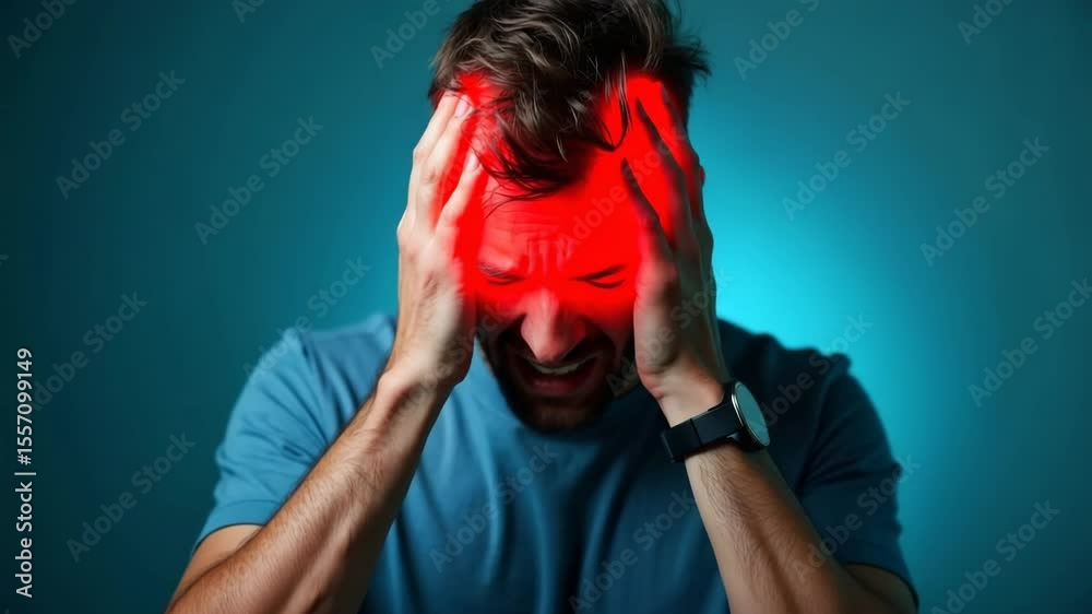 Man suffering from severe headache pain. Intense head pain depicted with red light effect.  Headache concept image for medical websites or brochures.