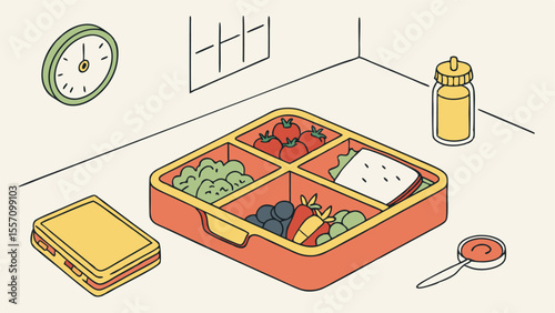 Isometric view of a lunchbox with compartments filled with various foods on a table near a clock
