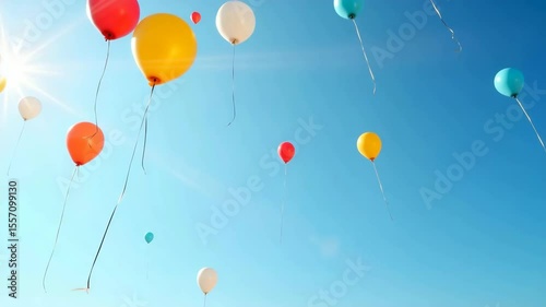 Colorful helium balloons float gently in clear blue summer sky. Celebration balloons rise high above ground, creating joyful, festive atmosphere. Perfect video for birthday invitations.