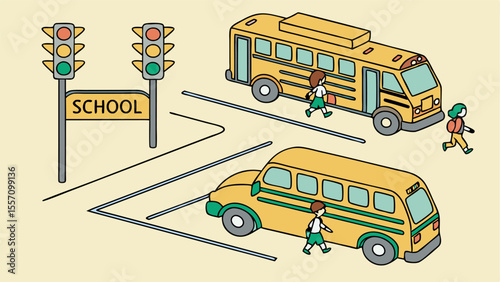 Illustration of school zone with traffic lights school sign buses and children crossing the street safely