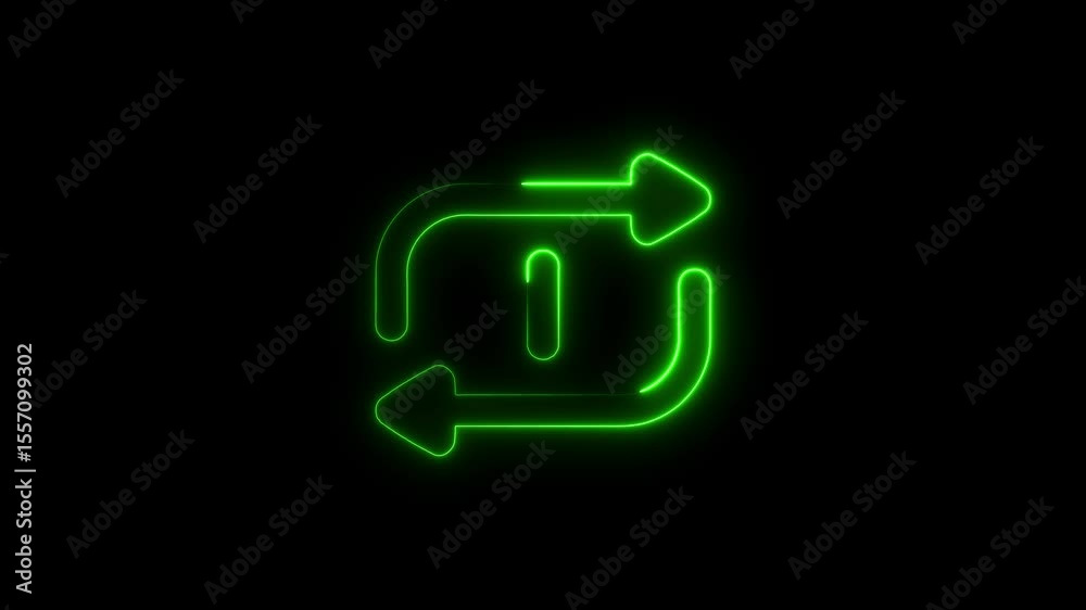 Glowing neon green repeat symbol animation on black background with copy space