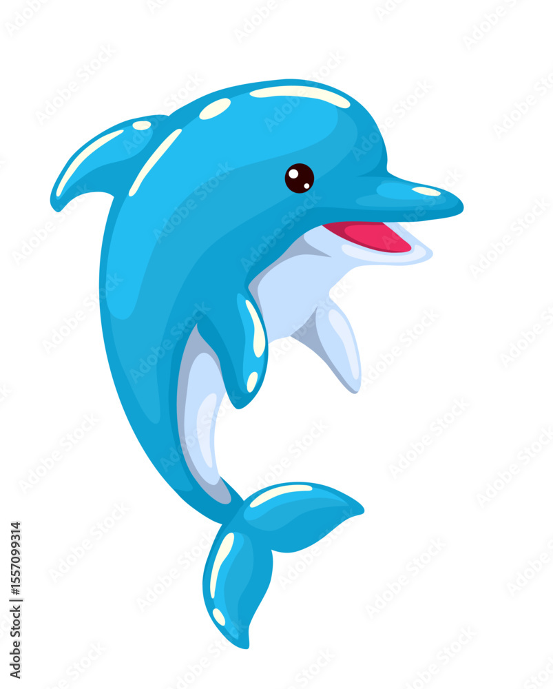 Fototapeta premium Cheerful bright dolphin jumping out of the water. Vector children's illustration in kawaii style. Isolated on a white background.