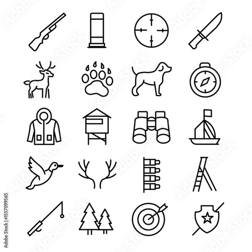 Hunting animal dog compass rifle bullet knife deer paw binocular jacket tree fishing ladder target antler duck boat shield adventure icons in black outline style