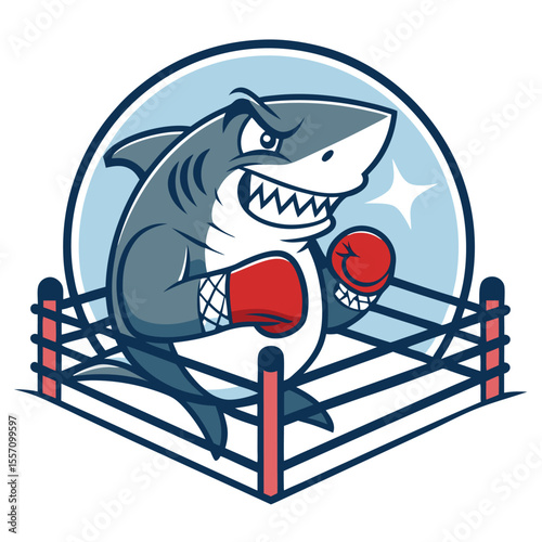 Cartoon angry shark boxer, boxing gloves, fierce expression, in boxing ring, stylized, dynamic pose.