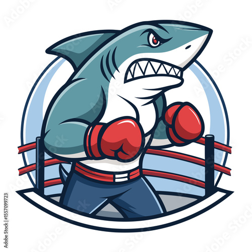 Cartoon shark boxer enraged, wearing boxing gloves in ring. Aggressive animation style.