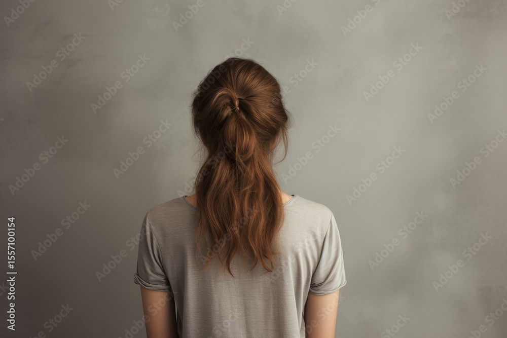 Back view of a woman with brown hair tied in a ponytail, showcasing her hairstyle against a neutral background Back view of a woman with brown hair tied in a ponytail, showcasing her hairstyle against a neutral background