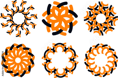 Abstract Circular Geometric Ornaments in Orange and blue