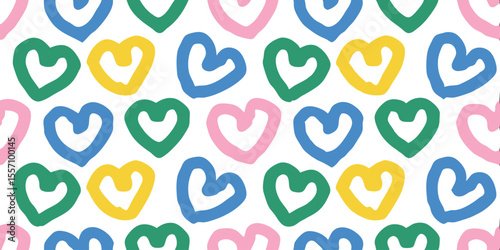 Vibrant Heart Pattern: A cheerful pattern of colorful, hand-drawn hearts fills the frame, creating a feeling of warmth and affection, conveying love and happiness.