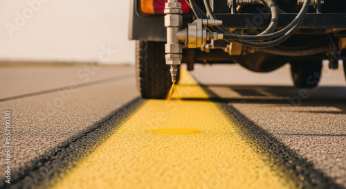 Close up of industrial machine painting straight yellow line on asphalt road under clear sky during daytime