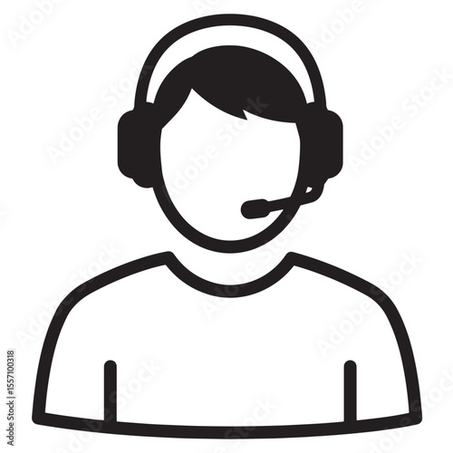 Black and white customer service representative icon with headset and microphone illustration