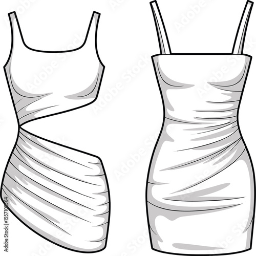 CAD drawing flat vector illustration of white dresses, asymmetrical cut-out style, ruched detailing, front and back views, fashion sketch, stylish garment design, apparel template