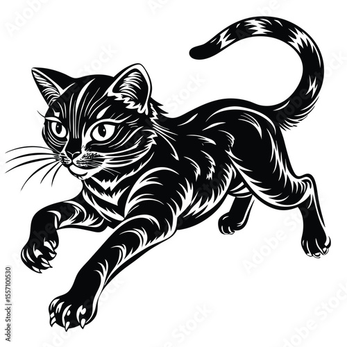 Black feline mid pounce low body black cat hunting
