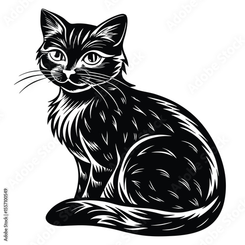 Black cat sitting looking over shoulder one ear up