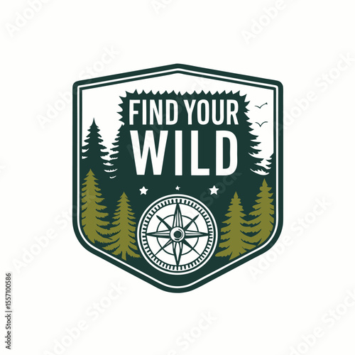 A nature-themed badge design featuring a forest silhouette and a prominent compass icon.