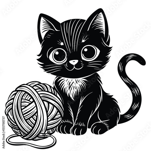 Black kitten with yarn ball playing cute