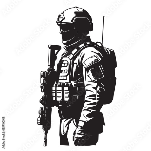 Black and white illustration of a modern military soldier in full tactical gear