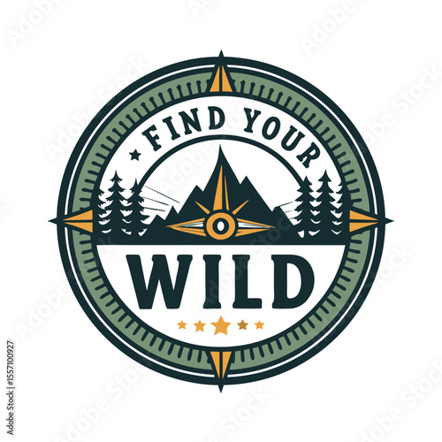 A circular badge design showcasing a serene forest silhouette with a classic compass icon overlay.