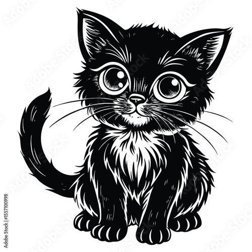 Fluffy black kitten big eyes wide eyes