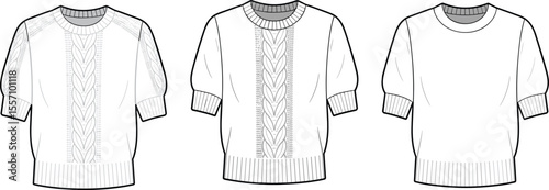 CAD drawing flat vector illustration of women’s sweaters, short sleeve knit tops, front and back views, ribbed hem and cuff, fashion sketch, garment layout template