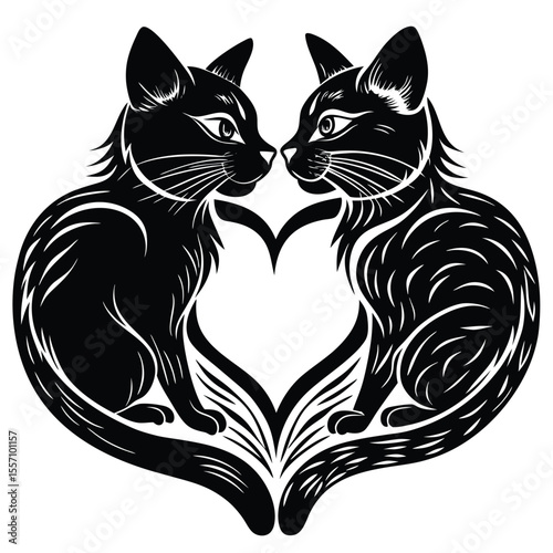 Two black cats forming heart shape love romance