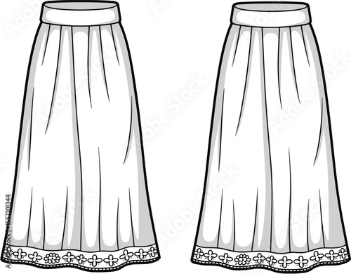 CAD drawing flat vector illustration of long skirts, floral hemline, front and back views, elegant design, fashion sketch, apparel layout, clothing template, garment vector