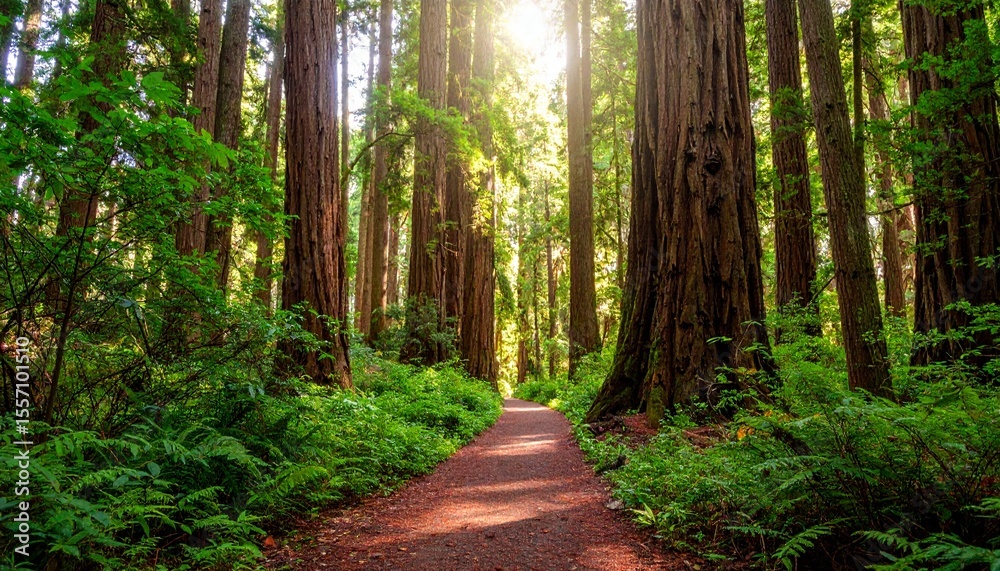 Fototapeta premium Sunlight filters through tall trees onto a forest path