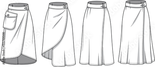 CAD drawing flat vector illustration of wrap skirts, front side and back views, pocket and button detail, asymmetrical hem, trendy women’s design, garment template layout