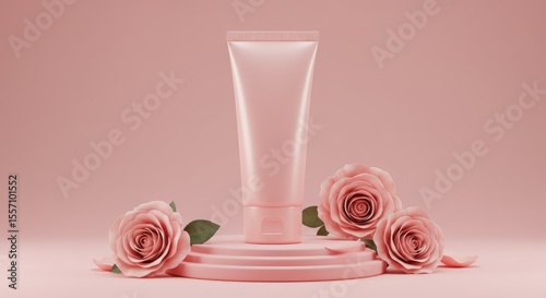 Pink Cream Tube on Platform with Roses, Cosmetic Product Display