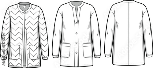 CAD drawing flat vector illustration of men’s long sleeve jackets, front and back views, technical fashion sketch, outerwear design layout, stylish clothing blueprint, garment template