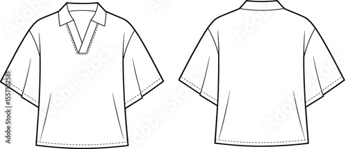 CAD drawing flat vector illustration of short-sleeve shirt, front and back views, technical fashion sketch, garment design layout, sewing guide, clothing template, apparel blueprint