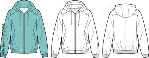 CAD drawing flat vector illustration of hoodie jacket, front and back views, zipper closure, seam lines, fashion design layout, technical garment sketch, clothing template, hoodie artwork