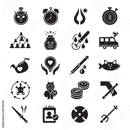 Collection of vector icons featuring various symbols and elements in a minimalistic black and white style