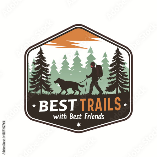 A detailed badge design showcases a human and canine duo adventuring through a dense pine forest.