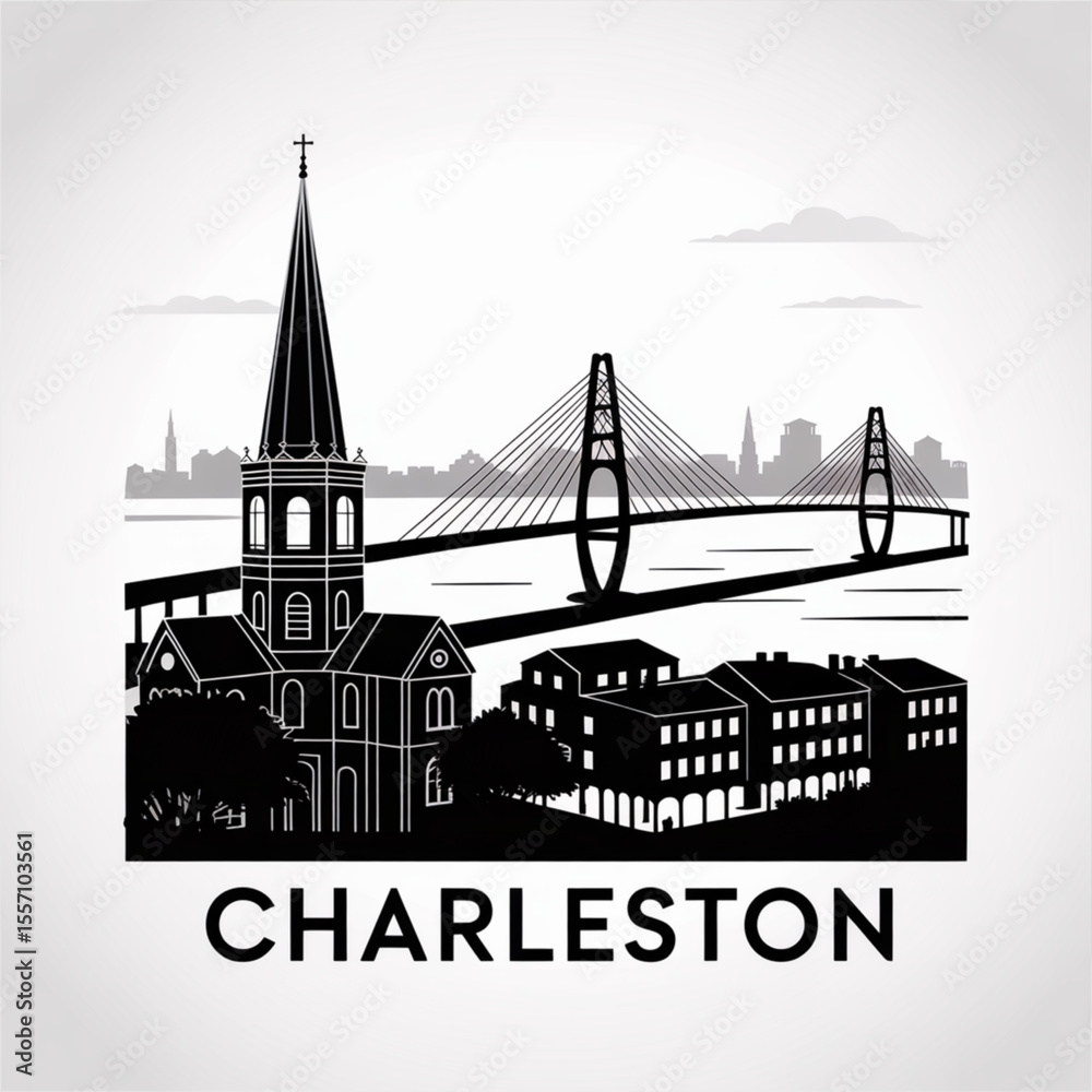 Obraz premium Charleston Skyline Silhouette — Historic Coastal Southern City Vector Illustration