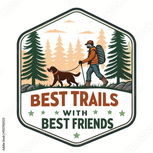 A circular badge illustration depicts a hiker and dog exploring a serene pine forest.