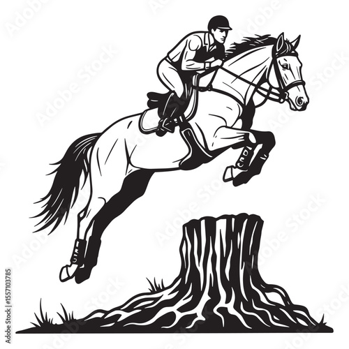 Equestrian athlete riding horse jumping obstacle monochrome illustration vector graphic design