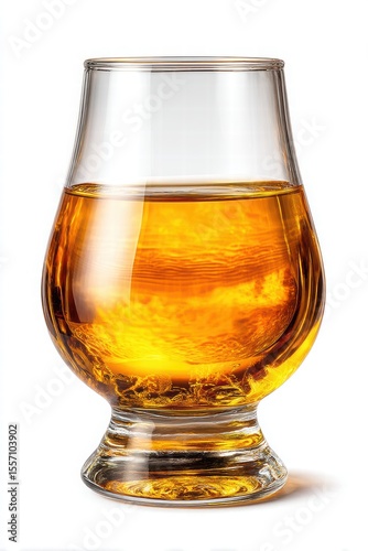Close-up of a glass of golden whiskey with a rounded shape and smooth surface, filled with amber liquid, on a plain background with clear details and reflections