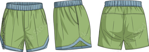 CAD drawing flat vector illustration of men’s athletic shorts, green color, front side and back views, drawstring waistband, pocket seam, technical sportswear layout, fashion sketch