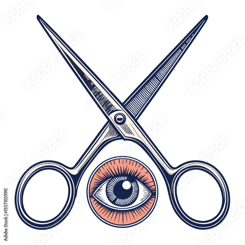 Disturbing close-up of a human eyeball firmly gripped by the open blades of scissors.