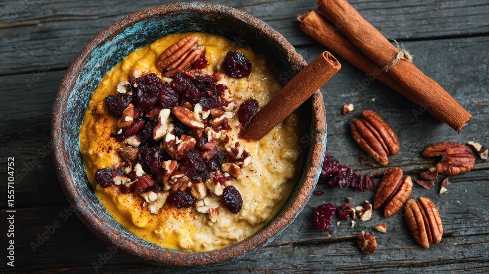 Fototapeta premium Pumpkin purée oats with pecans, dried cranberries and cinnamon stick in rustic bowl