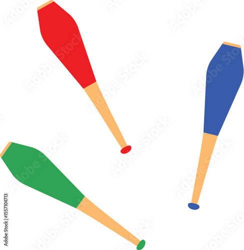 set of tree juggling clubs, red, blue, green illustration