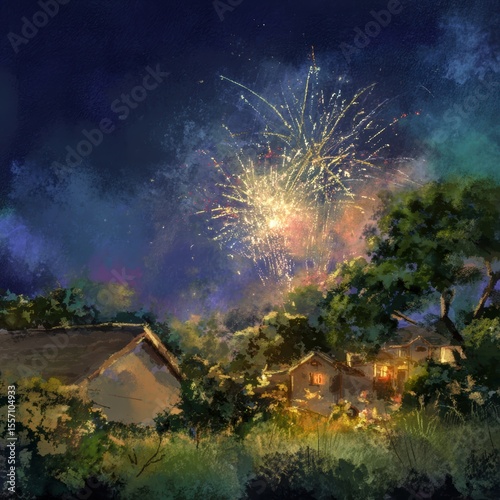 Independence Day fireworks light up the night sky over a quiet village Generative AI