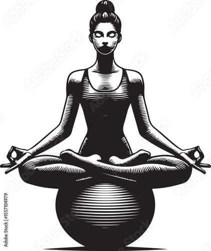 : Stylized artwork of a serene woman in a meditative yoga pose on a spherical object, with dynamic lines suggesting radiant energy