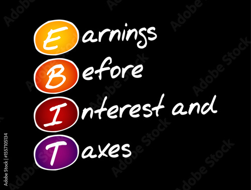 EBIT stands for Earnings Before Interest and Taxes, it is a financial metric that shows a company's profitability before subtracting interest and tax expenses, acronym concept background