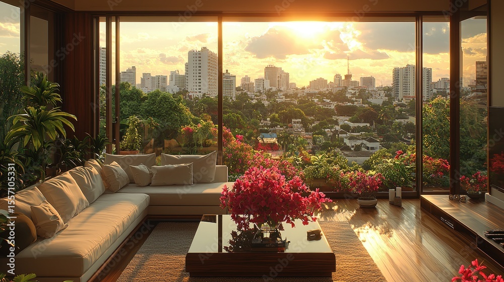 Obraz premium Modern living room with panoramic city views.
