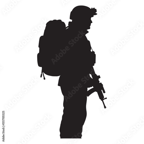 Silhouette of a fully equipped soldier carrying backpack and holding rifle standing in profile